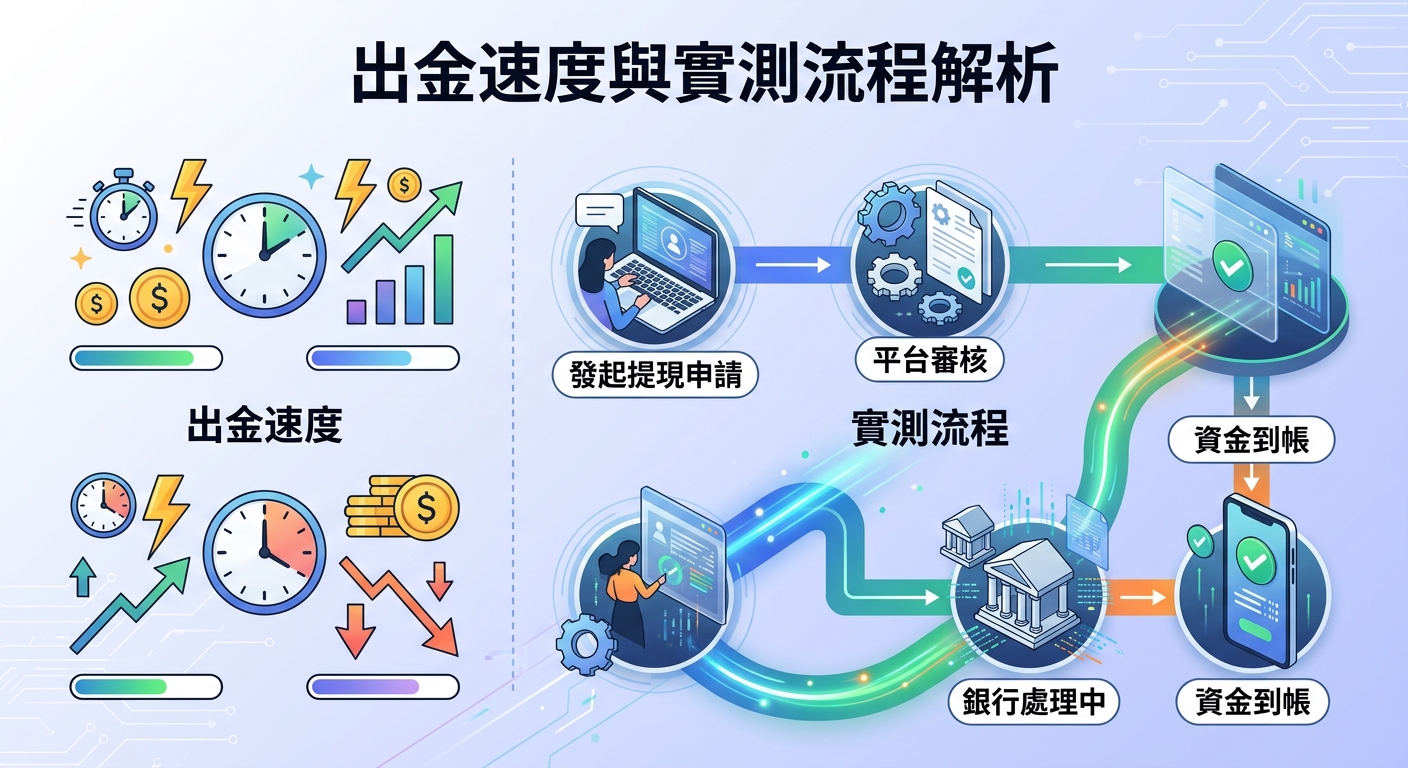 這張圖片呈現出金速度與實測流程解析,左側包含計時器與數據圖表,右側則以流程圖展示從申請、審核到資金到帳的完整步驟。 整體設計採用現代科技風格與清爽藍白色調,透過清晰的圖示與箭頭引導,直觀地呈現提現效率與作業順序。