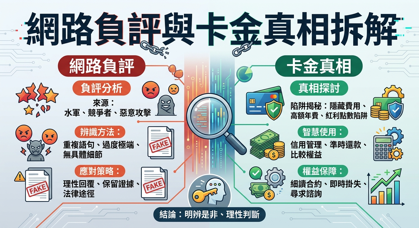 這張圖片是以「網路負評與卡金真相拆解」為主題的現代資訊圖表,分為左右兩側解析網路評價與卡金陷阱。 畫面運用放大鏡、信用卡、警示標籤等簡約圖示,搭配層次分明的藍綠色調,呈現理性和專業的視覺質感。