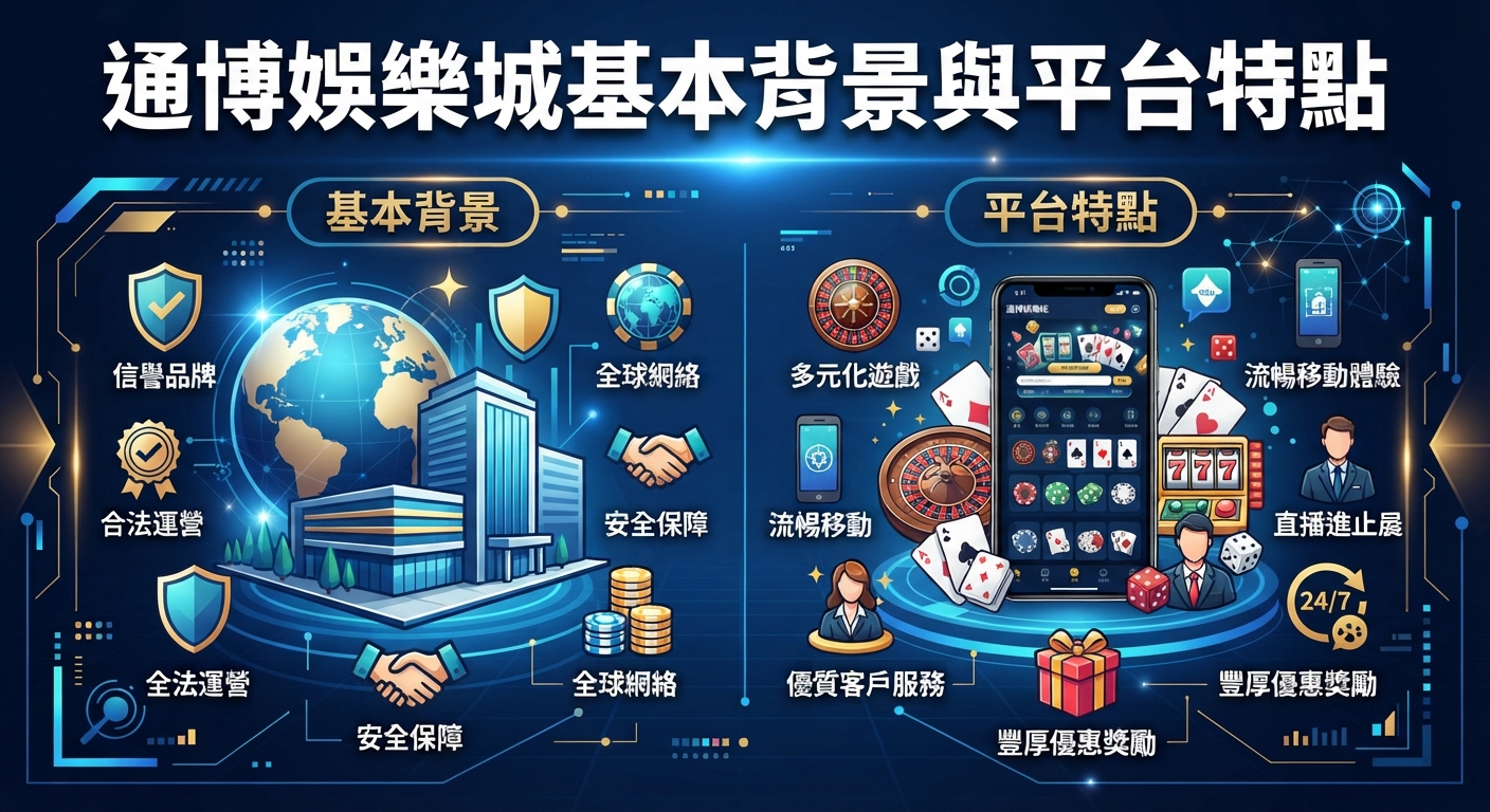 這張圖片展示了通博娛樂城的基本背景與平台特點，畫面以科技感的藍色為主調，並配有相關的圖標與說明。 上方醒目地標示著「通博娛樂城基本背景與平台特點」的標題，整體設計呈現出專業且現代化的風格。