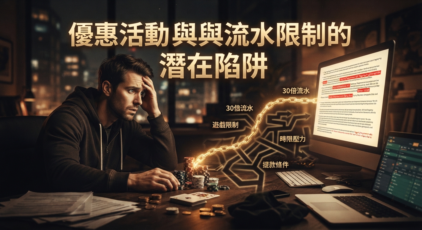 這是一張探討優惠活動與流水限制潛在陷阱的主題圖片，畫面中顯示一名男子正看著電腦螢幕面露憂愁。 螢幕旁與桌面上則呈現了與高倍數流水、提款條件以及合約限制相關的複雜視覺元素。